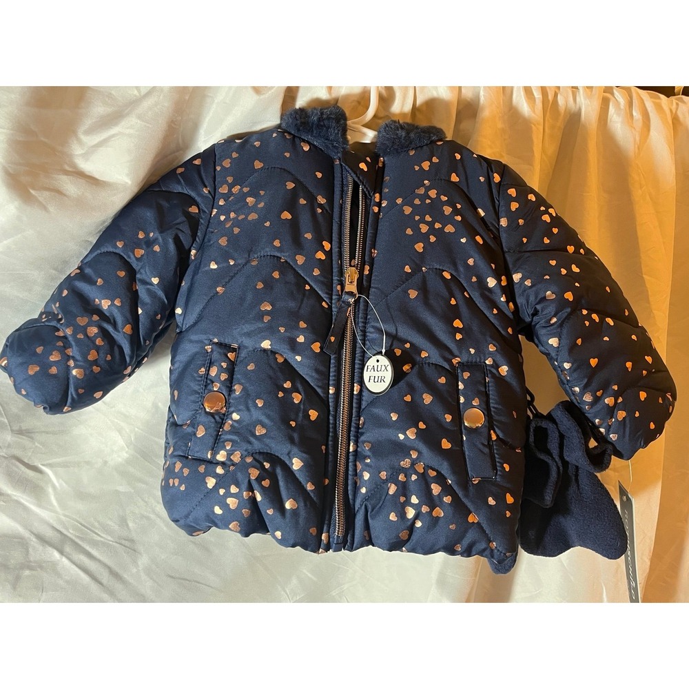 Rothschild Baby Girls Infant Jacket Navy Blue Gold Hearts 12 Months Mittens Hood